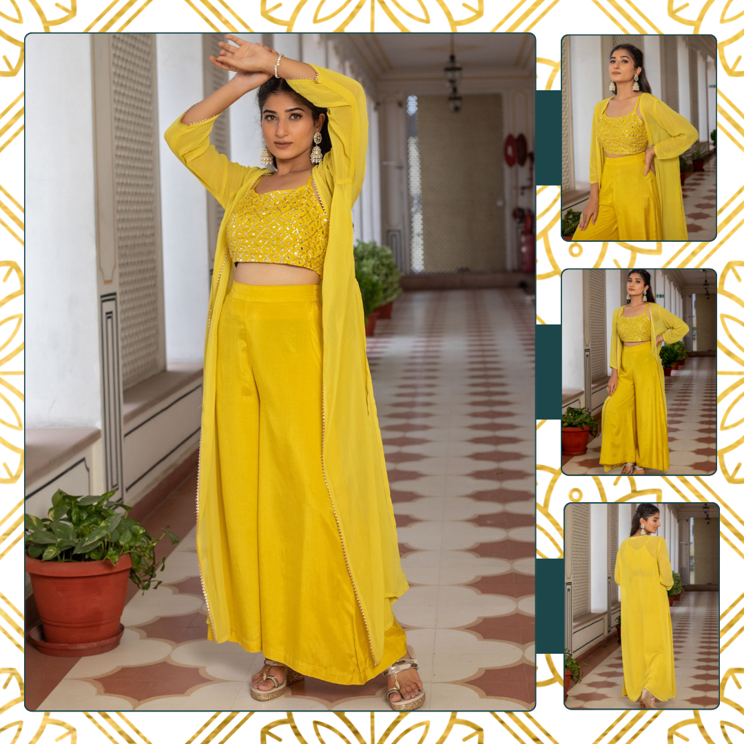 YELLOW CROPTOP PLAZZO & SHRUG SET