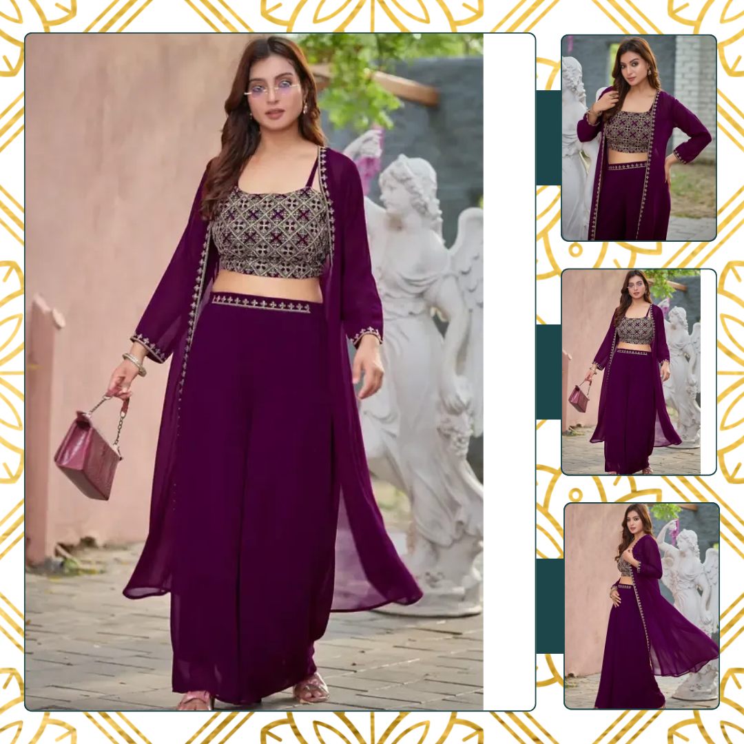 PURPLE CROPTOP PLAZZO & SHRUG SET